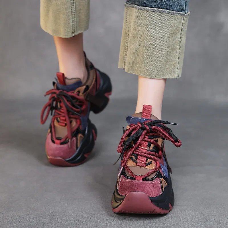 Yyvonne Old Dad Shoes Tide Spring And Summer Thick-Soled Shoes Small Retro Leather Leather Match Sports Casual Shoes