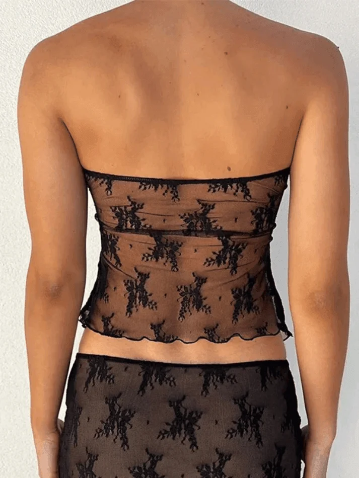 Brownm Slit Sheer Mesh Bandeau Top