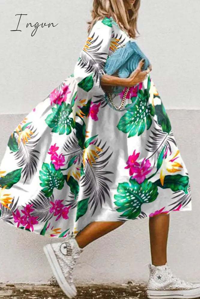 Ingvn - Casual Print Patchwork Turndown Collar Cake Skirt Dresses(11 Colors) White / S