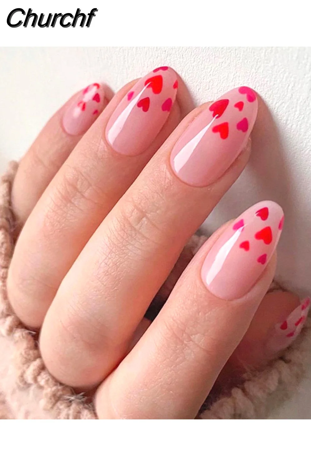 Churchf Love Heart Almond Fake Nails Valentine's Day Style Almond Ballerina False Nails Press on