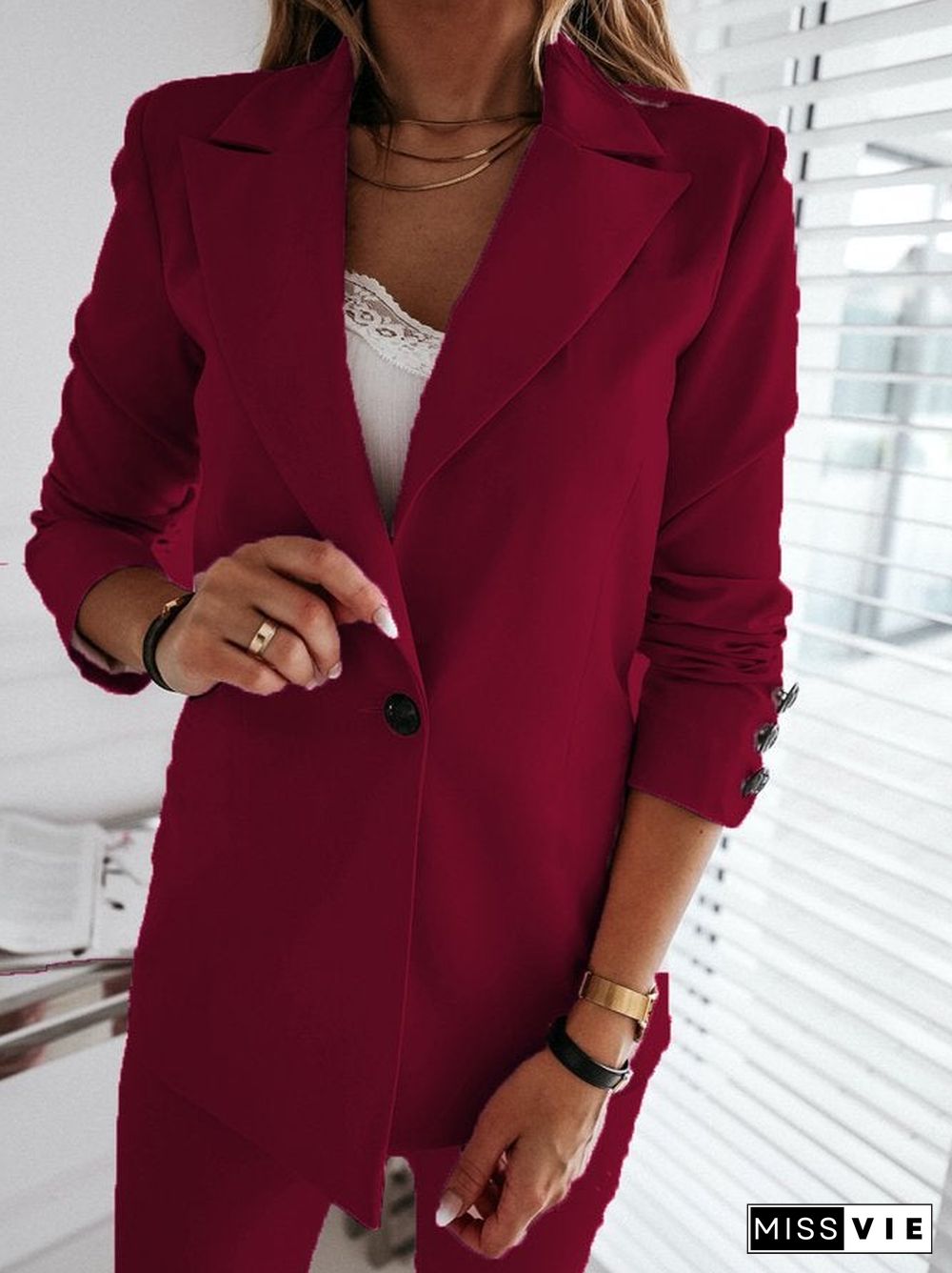 Vintage Work Lapel Simple Shift Plain Outerwear