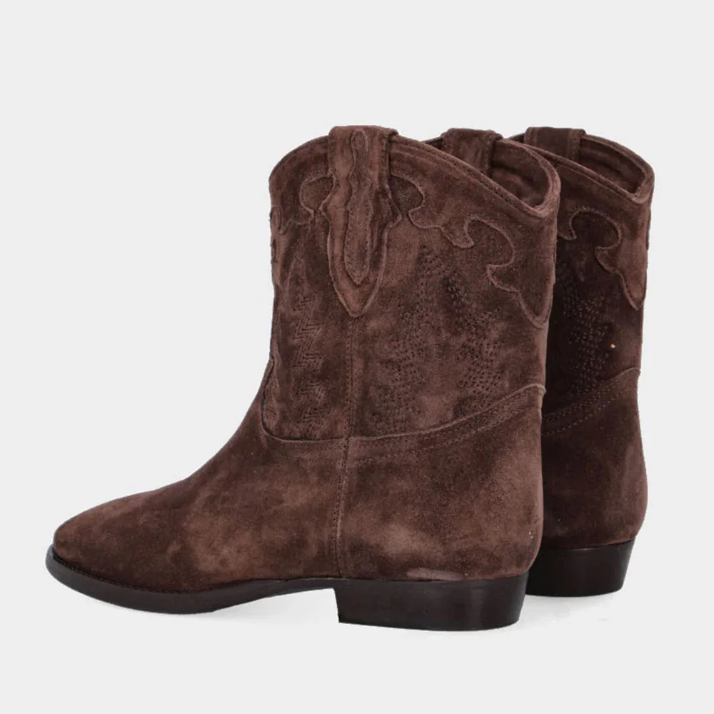 Brown Vegan Suede Round Toe Low Heel Embroidered Cowgirl Booties