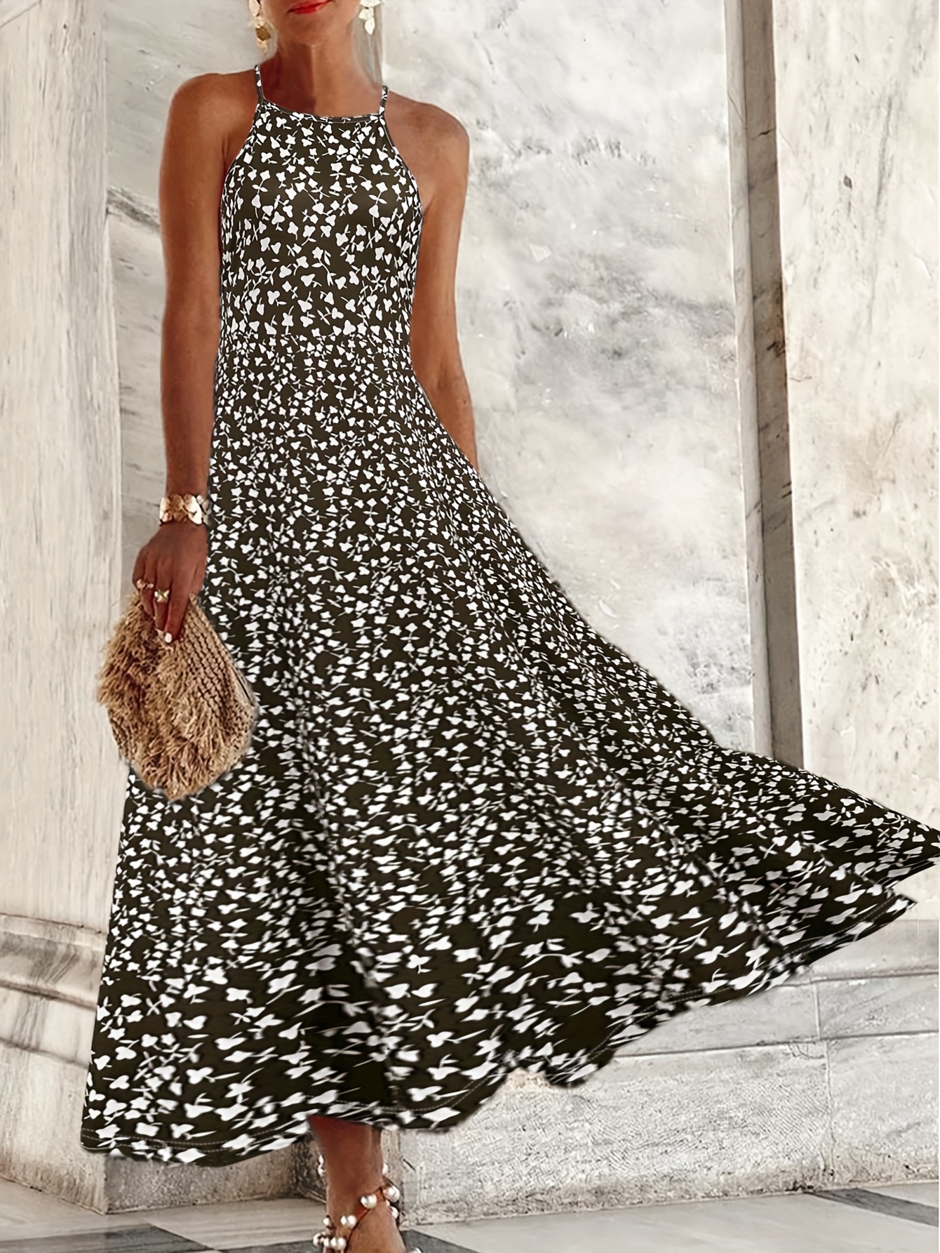 Women's Summer Floral Print Midi Dress - Lightweight Breathable Round Neck Beach Vacation Dress With Short Sleeves, Machine Washable For Casual Outings & Day Trips, Beach Dresses, Summer Outfit, Flowy Fabric | IFYHOME