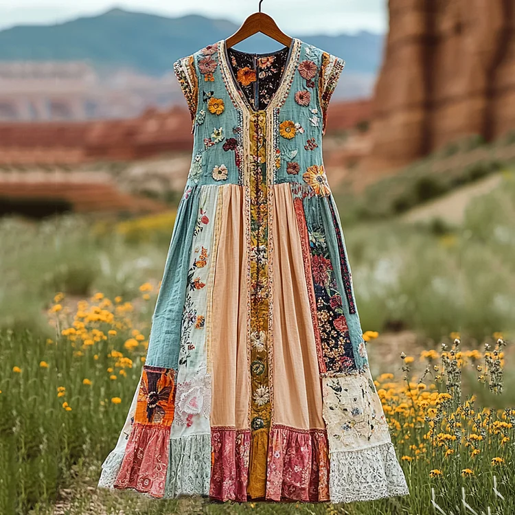 Women's Vintage Floral Patchwork Sleeveless Dress