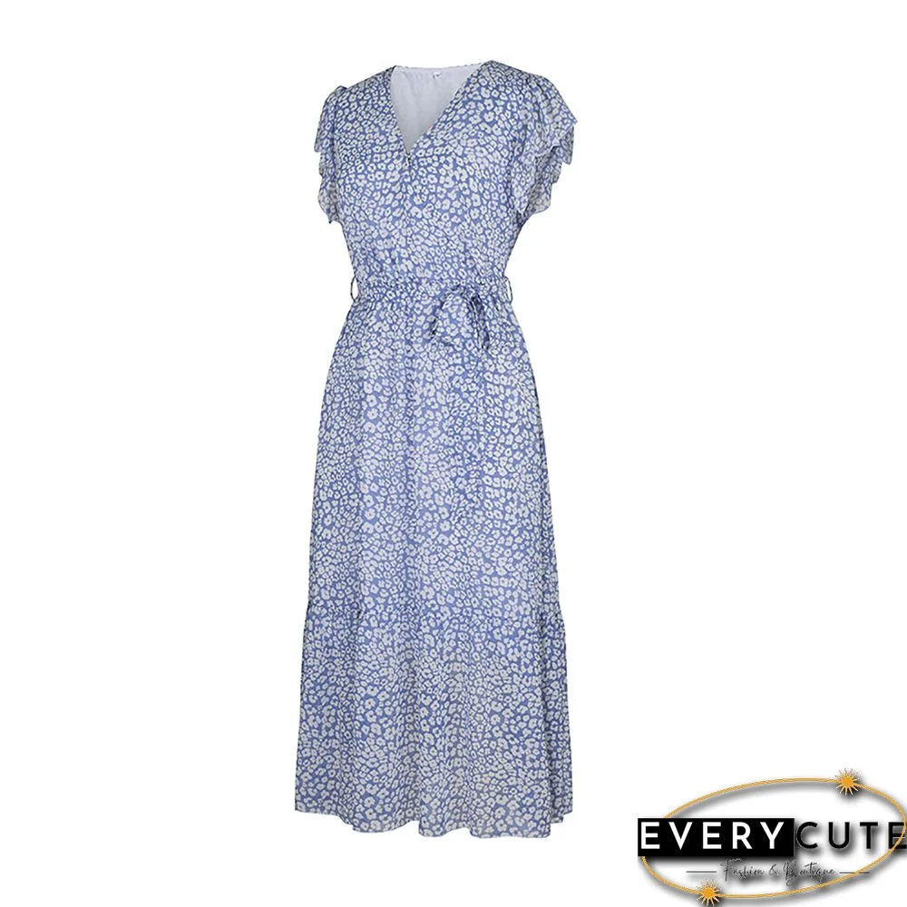 Light Blue V Neck Ruffle Detail Tie Waist Floral Dress