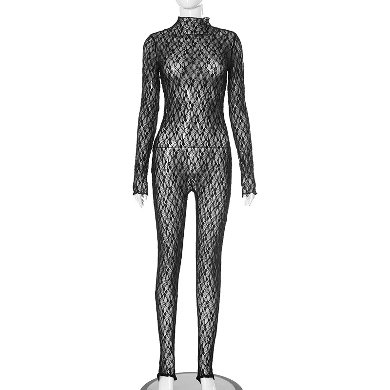 Uveng Uveng Autumn And Winter Women's High-Collar Lace Sexy Hollow Perspective Socks Zipper Jumpsuit