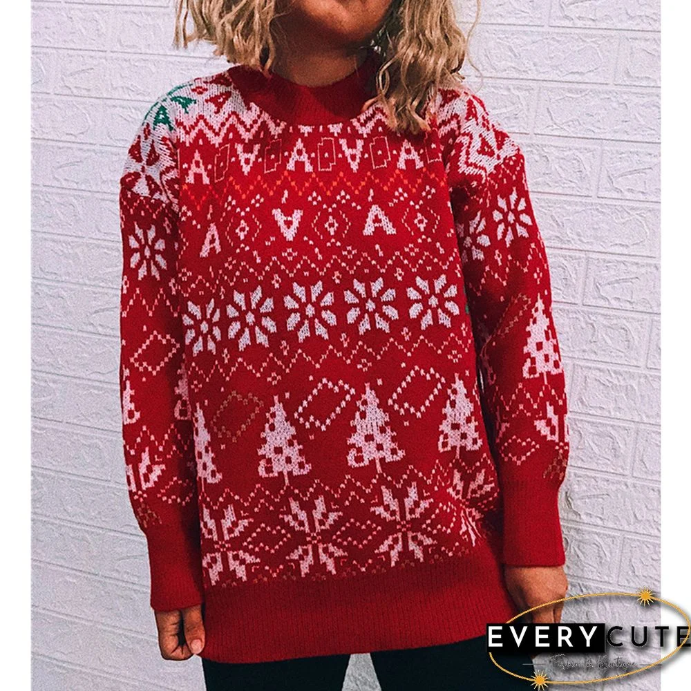 Red Round Neck Vintage Snowflake Christmas Sweater