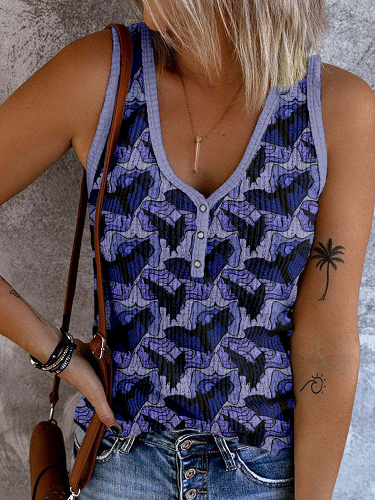 Comstylish Hallowed Bats Pattern Button Up Tank Top