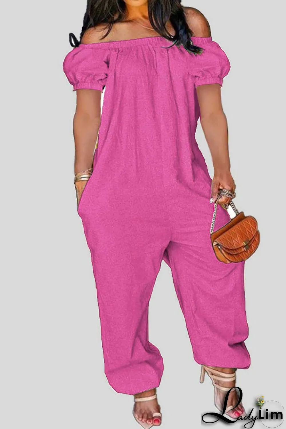 Tangerine Red Casual Solid Patchwork Off the Shoulder Loose Jumpsuits