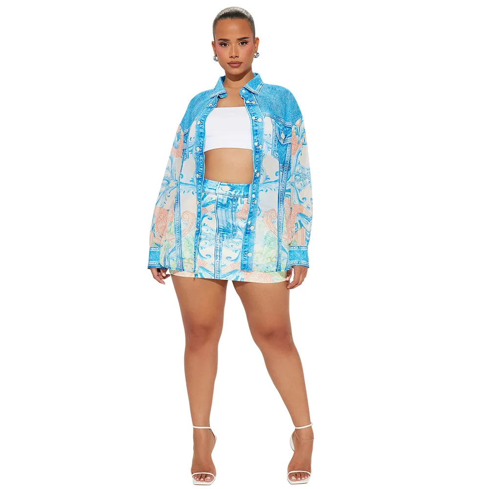 Kanonion Fashion Galaxy Paisley Printed Women's Set Long Sleeve Shirt and Bodycon Midi Mini Skirts  Two 2 Piece Sets Outfits