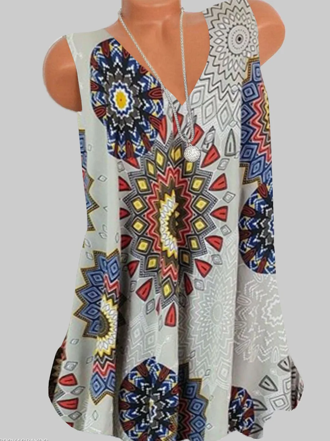 Gray Casual Floral-Print V Neck T-shirt