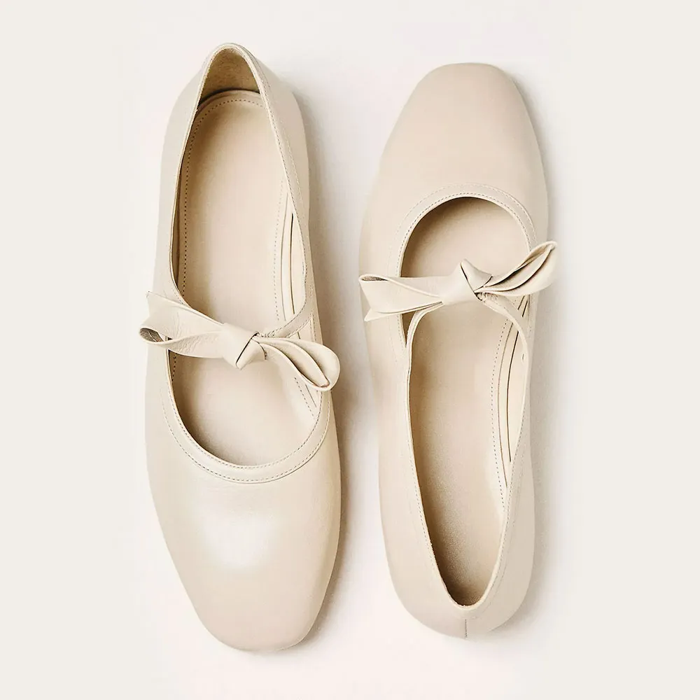 Closed Toe Bow Mary Jane Ivory Ballet Flat Shoes with Strap