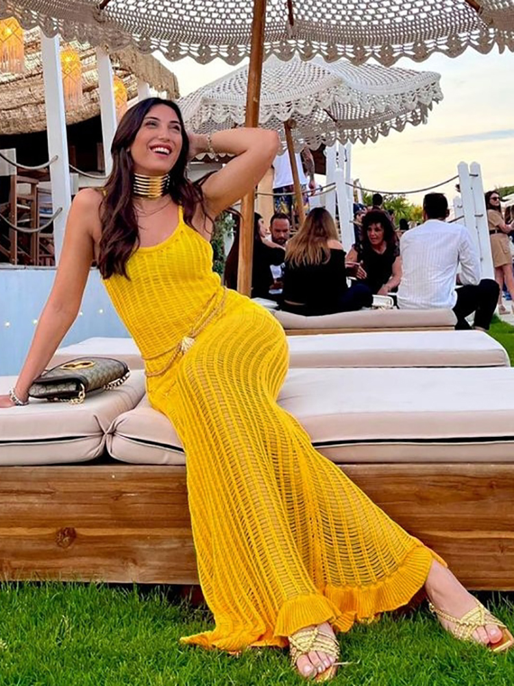 Ootddress Ruffled See-Through Backless Halter Dress Female Sleeveless Hollow Out High Waist Elegant Gown Spaghetti Women Maxi Dress