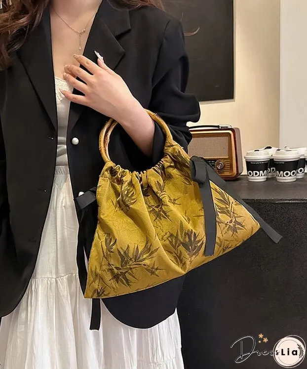 Retro Yellow Cinched Embroideried Silk Tote Handbag