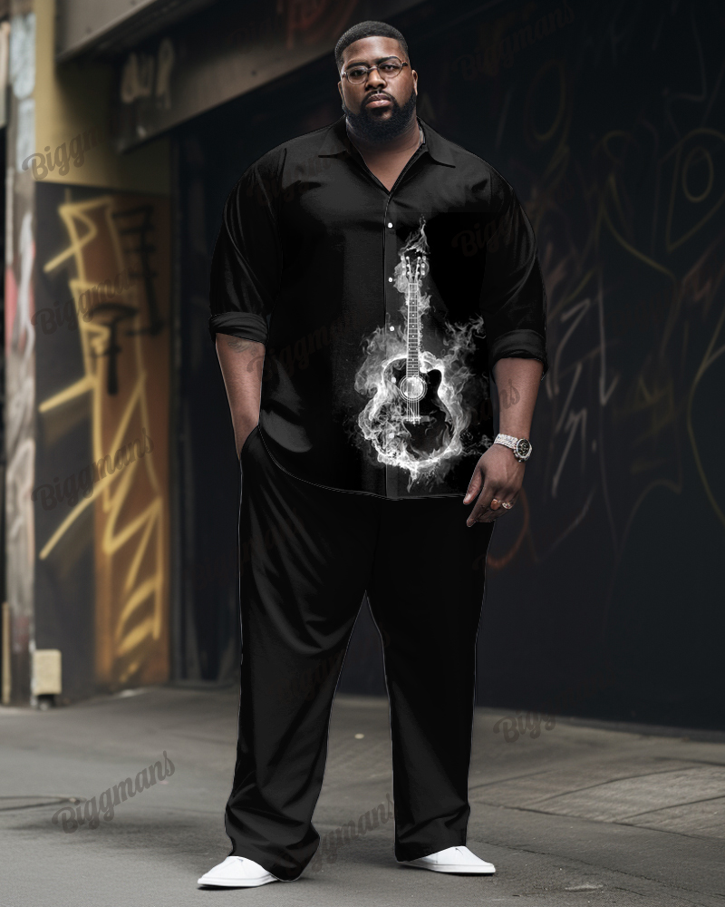Smoke Guitar Pattern Long Sleeve Lapel Shirt 2 Piece Set Men's Plus Size