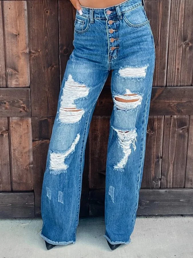 Women's Jeans Fashion Ripped Washed Straight Jeans