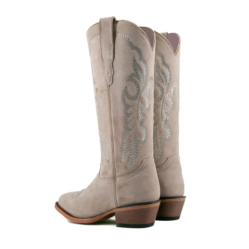 Taupe Vegan Suede Rhinestone Low Heel Almond Toe Western Boots for Women