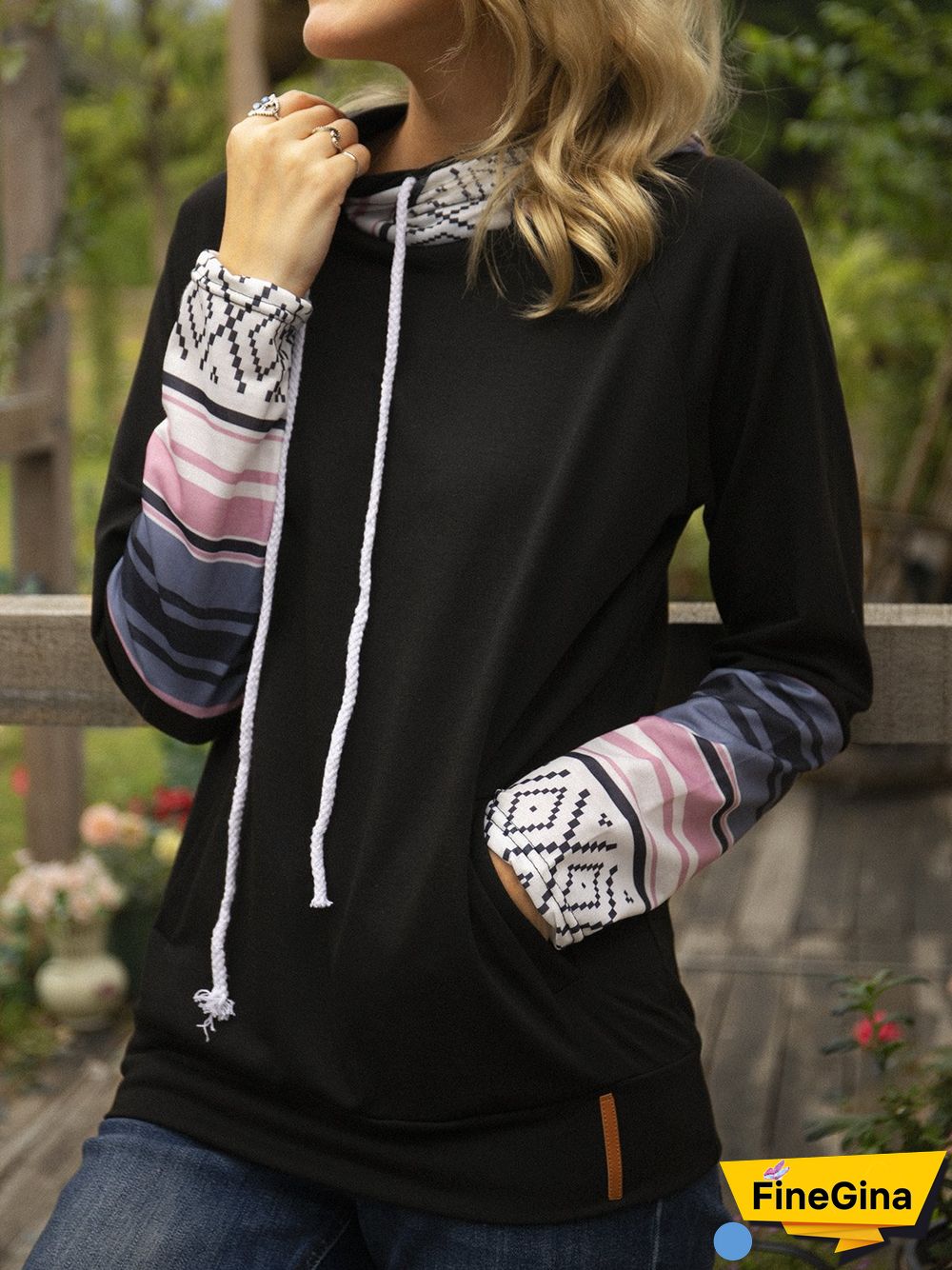 Black Long Sleeve Floral-Print Boho Sweatshirts