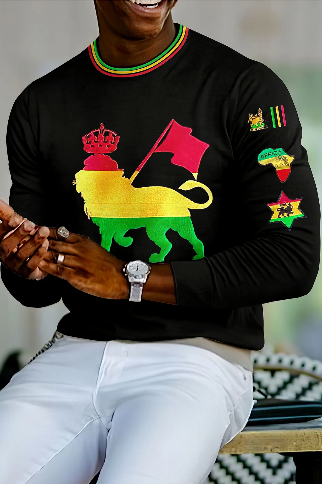 Men'S Black Power Rasta Lion Print T-Shirt