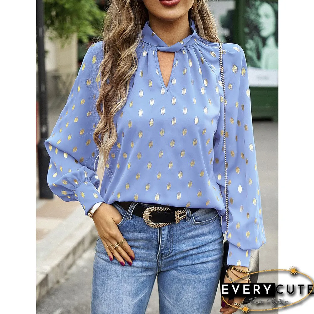 Light Blue Notched Neck Pleated Cuffs Long Sleeve Tops