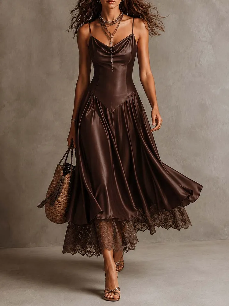 Elegant Draped Cowl Neck Satin Spaghetti Strap Midi Dress With Lace Hem Underlayer