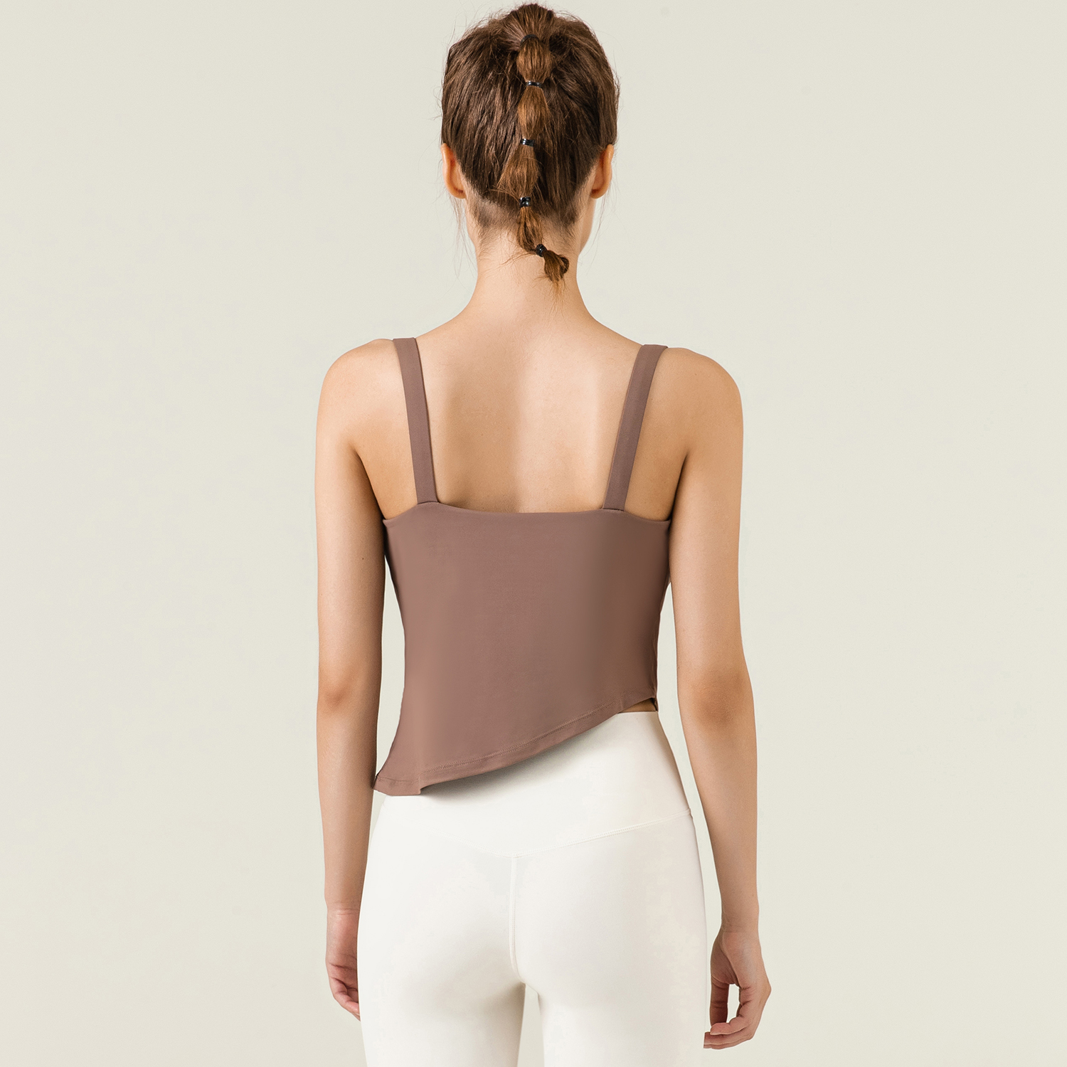 Buy Cocoa Brown skin friendly breathable stretchable close-fitting butter soft sports fitness vest with pads for women of high quality on Hergymclothing