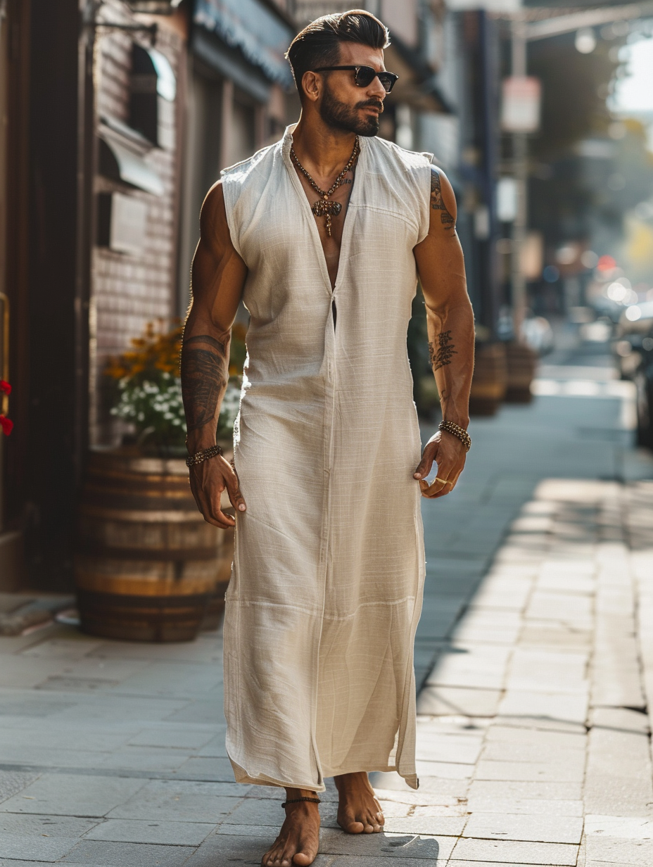 Linen color Men Cotton Kaftan Long Caftan