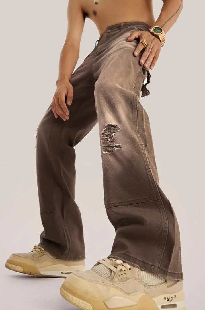 Brownm Rise Washed Distressed Jeans