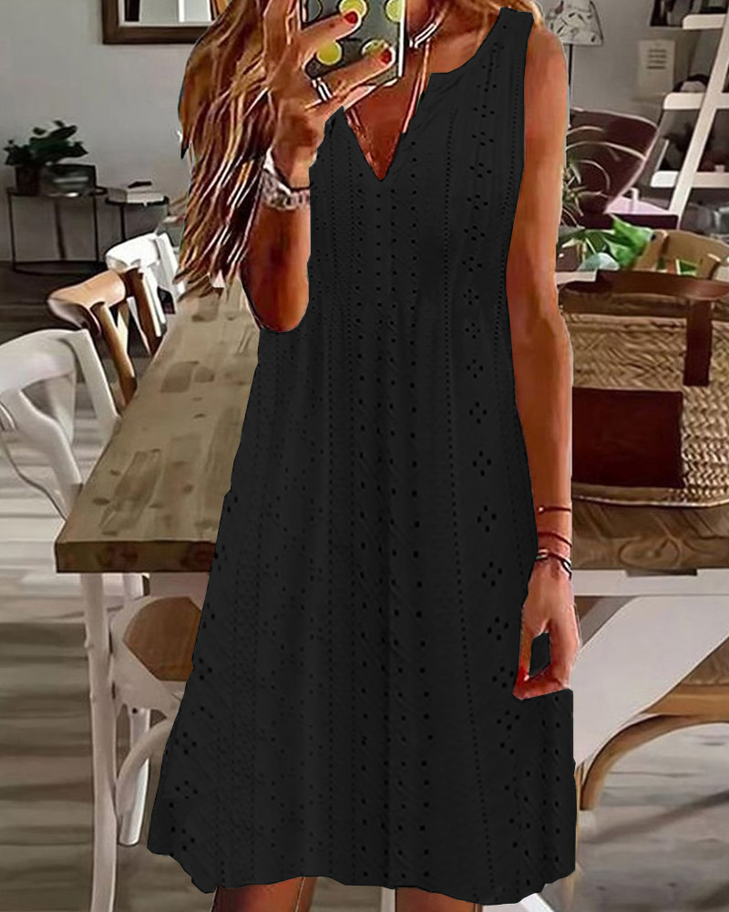 Women V-neck Sleeveless Solid Color Hollow Out Loose Casual Dress