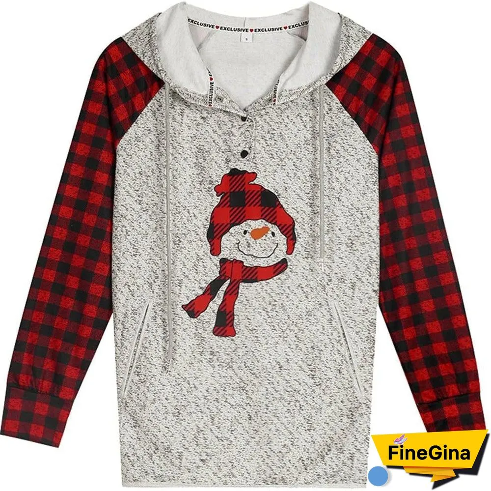 Red and Black Plaid Snowman Buttoned Long Sleeve Sweatshirt