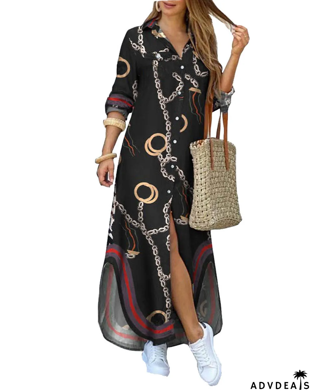 autumn and winter printed long-sleeve shirt dress