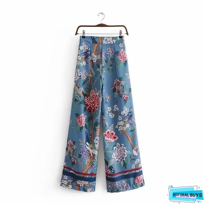 Autumn Bird Flower Print High Waist Side Zipper Loose Wide Leg Pants