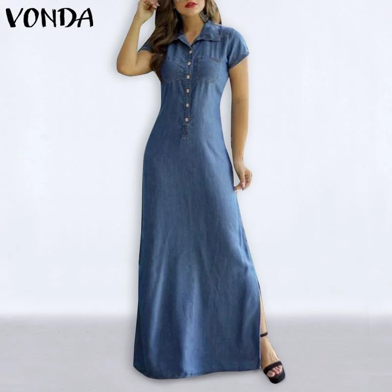 Women Summer Dress 2022 VONDA Casual Turn Down Neck Short Sleeve Demin Dresses  Bohemian Vestidos Femme Sundress