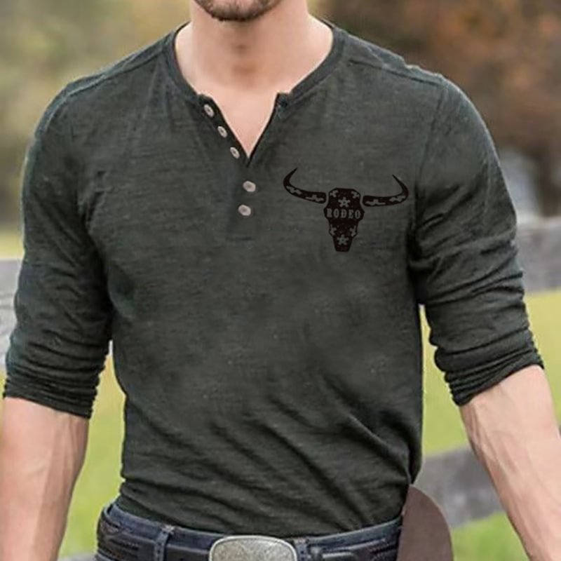Western Green Bull Head Print Henry Collar T-Shirt
