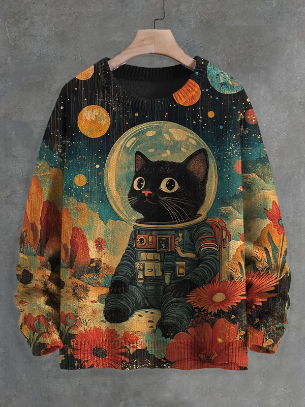 Men's Fantasy Alien Astronaut Black Cat Resting In The Flowers Art Print Knit Sweatshirt