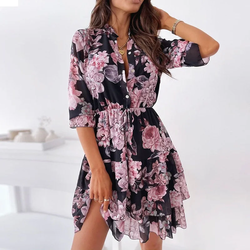 Graduation Gifts Women Spring Cascading Ruffles Flower Print Dress Boho 2022 Summer Half Sleeve Office Shirt Dress Female A Line Party Vestidos