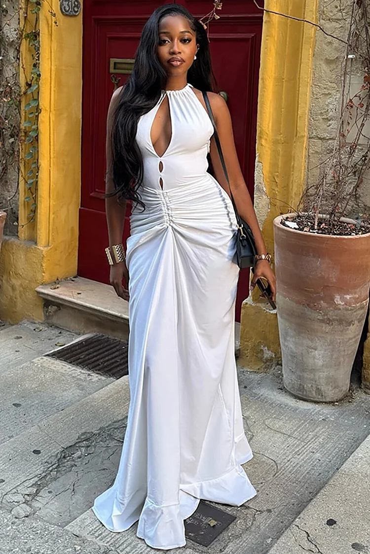 Sleeveless Halter Neck Cutout Cinch Waist Ruched Plain Maxi Dresses-White
