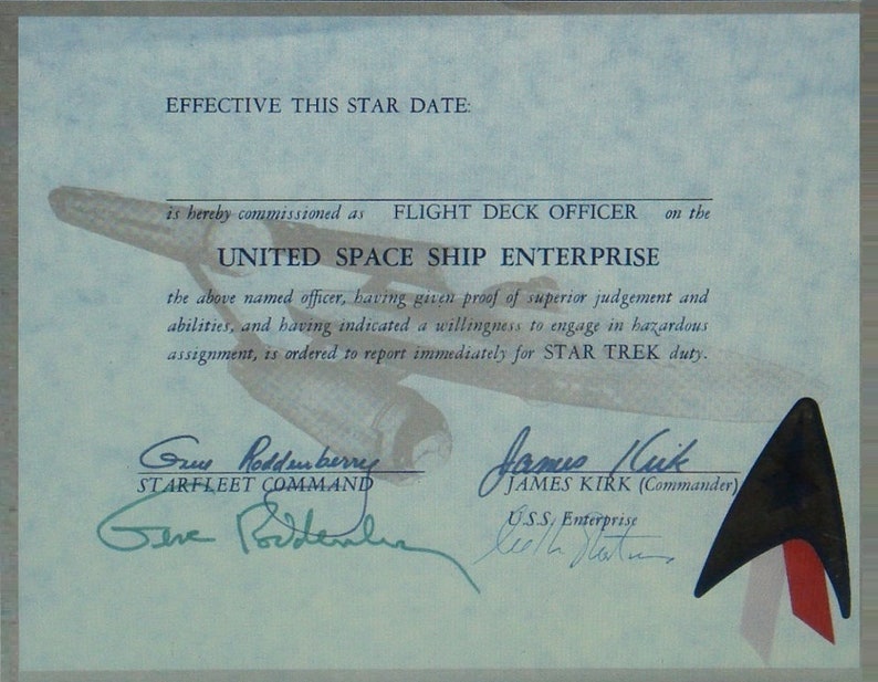 GENE RODDENBERRY & WILLIAM Shatner Signed Star Trek Certificate 10.5”x 8.25” wcoa