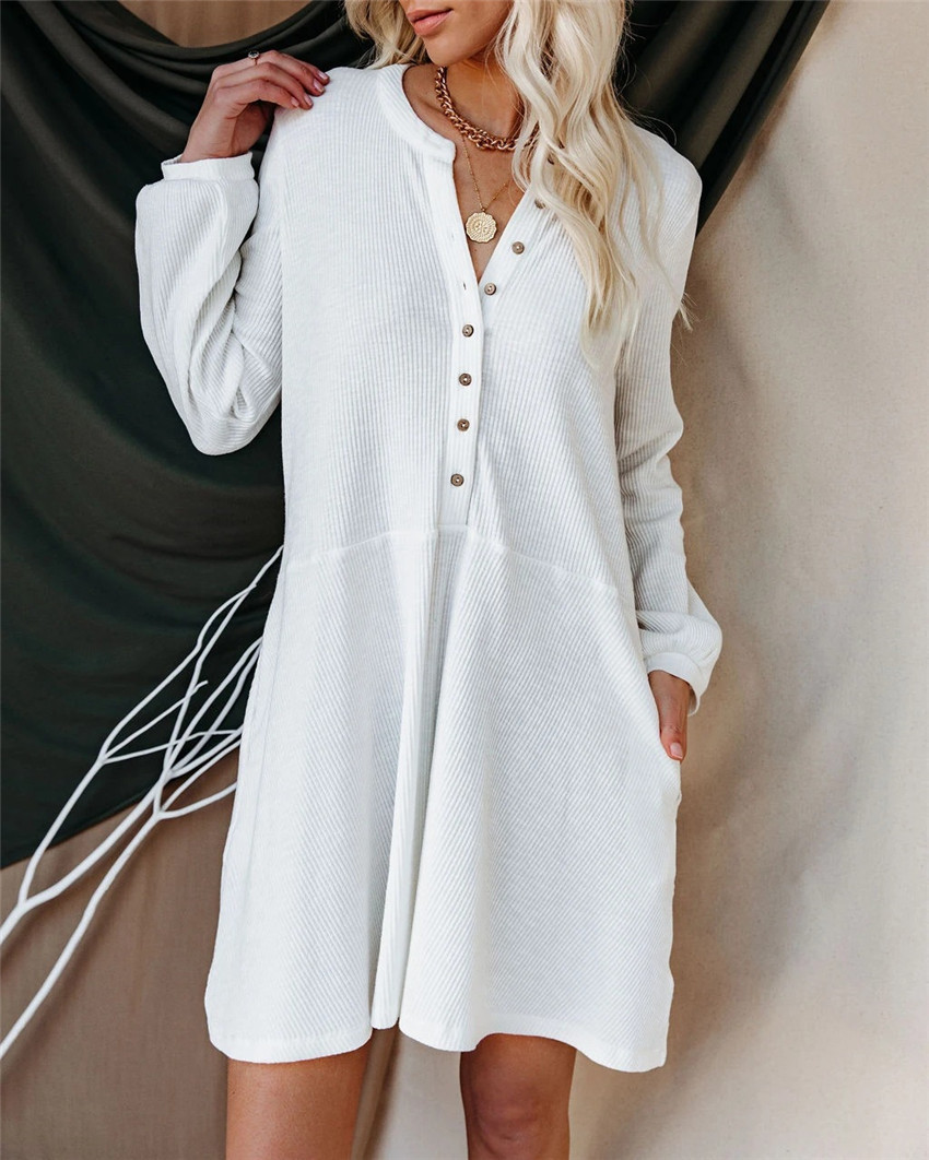  thdmladies V-neck Long Sleeve Button Casual Dress thedmladies
