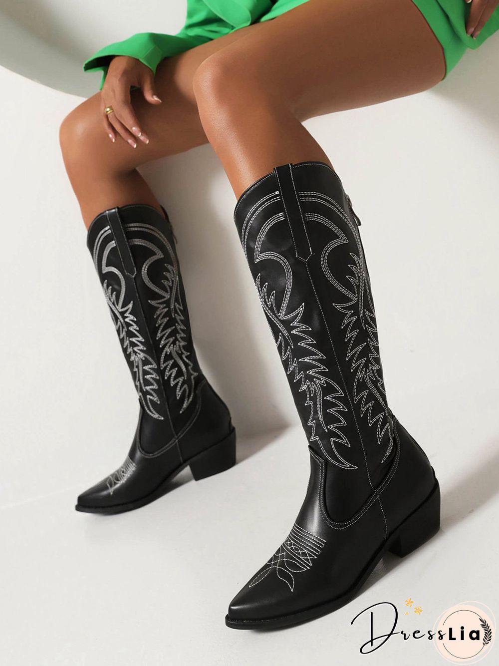 Embroidered Panel Plush Warm Pointed-Toe Cowboy Boots