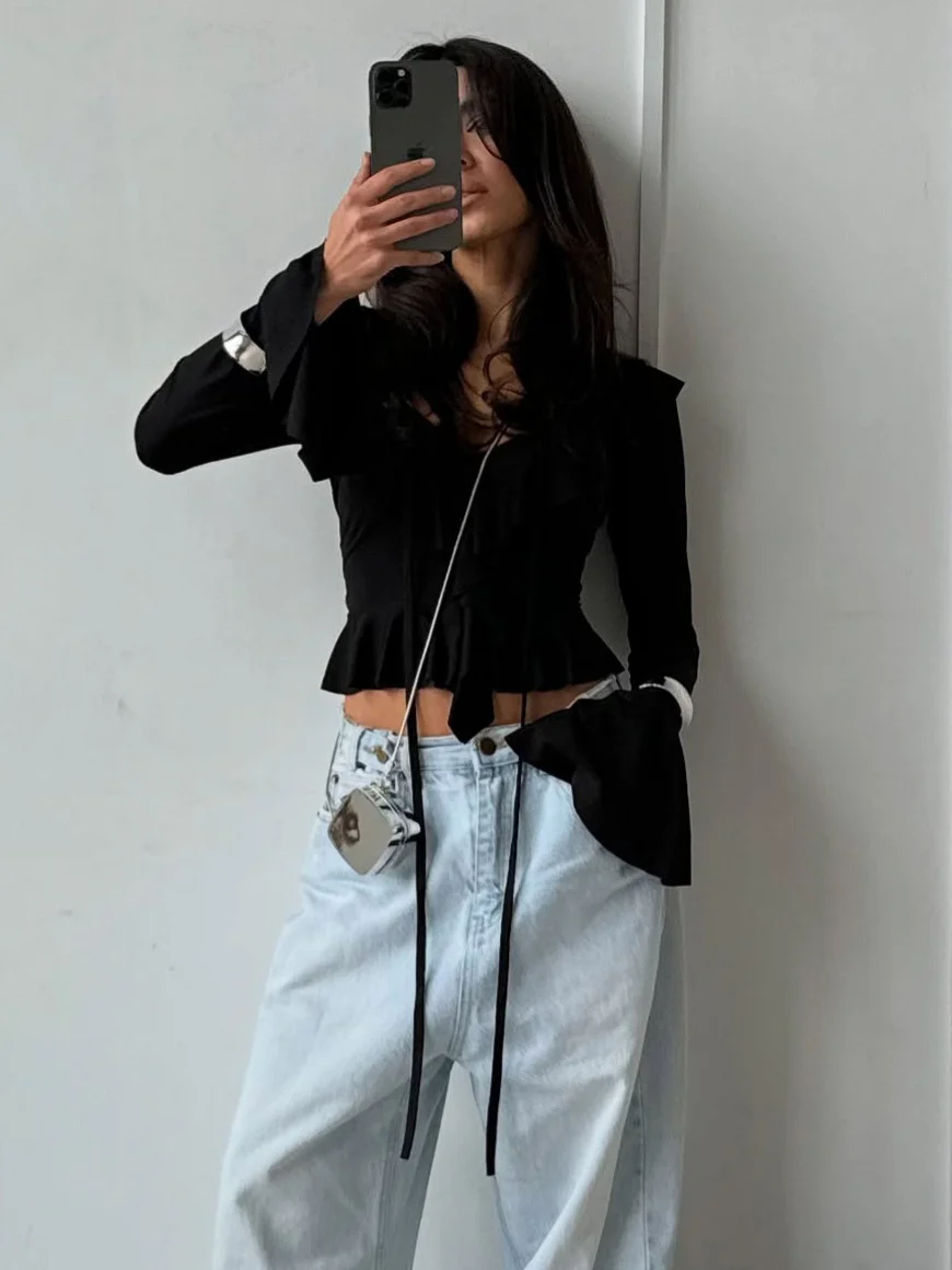 Athvotar Athvotar 2025 New Solid-Colored Lotus Side Knitted Shirt Women's Short Sexy Hot Girl Fashion V Collar Top