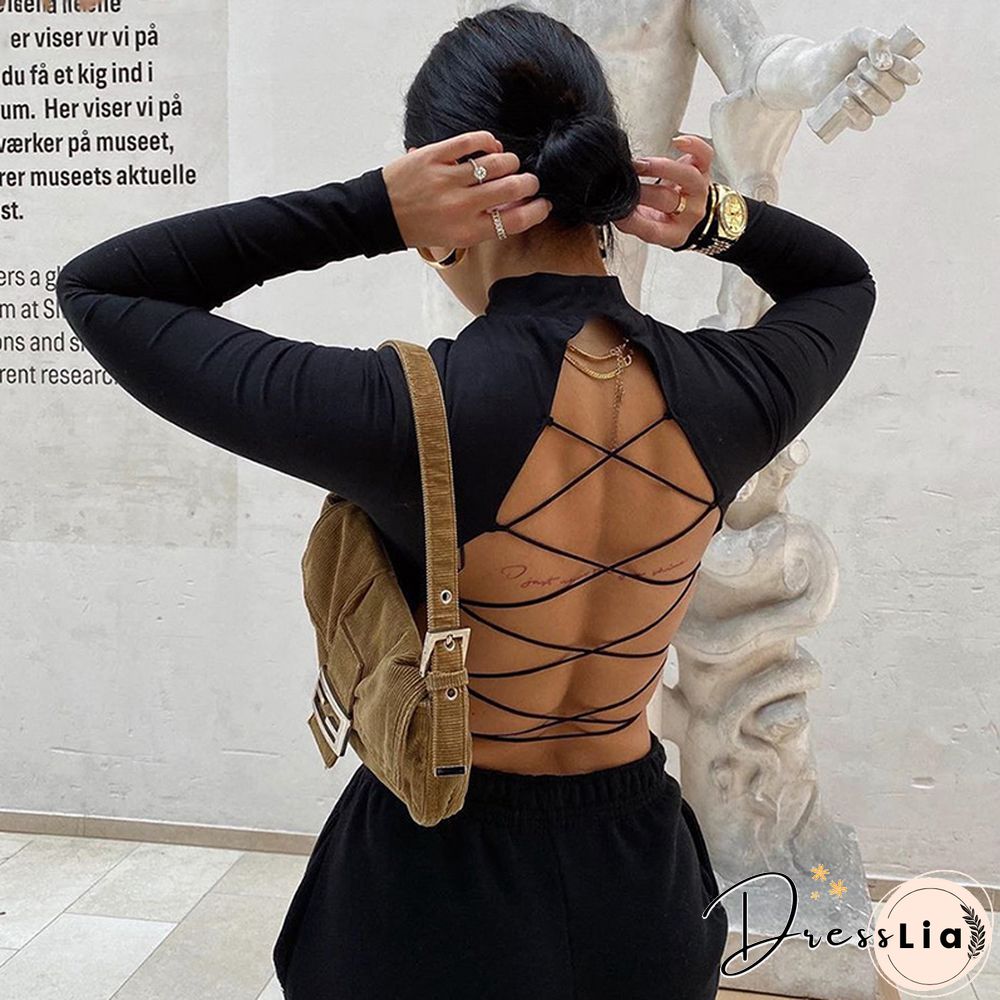 Womens sexy harajuku open back t-shirt long sleeve top cropped summer tops white clothes