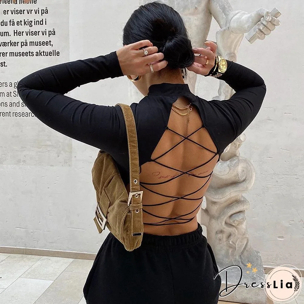 Women Sexy Harajuku Open Back T-shirt Long Sleeve Top Cropped Summer Tops White Clothes Shirt Vintage Tshirt Tee Dropshipping
