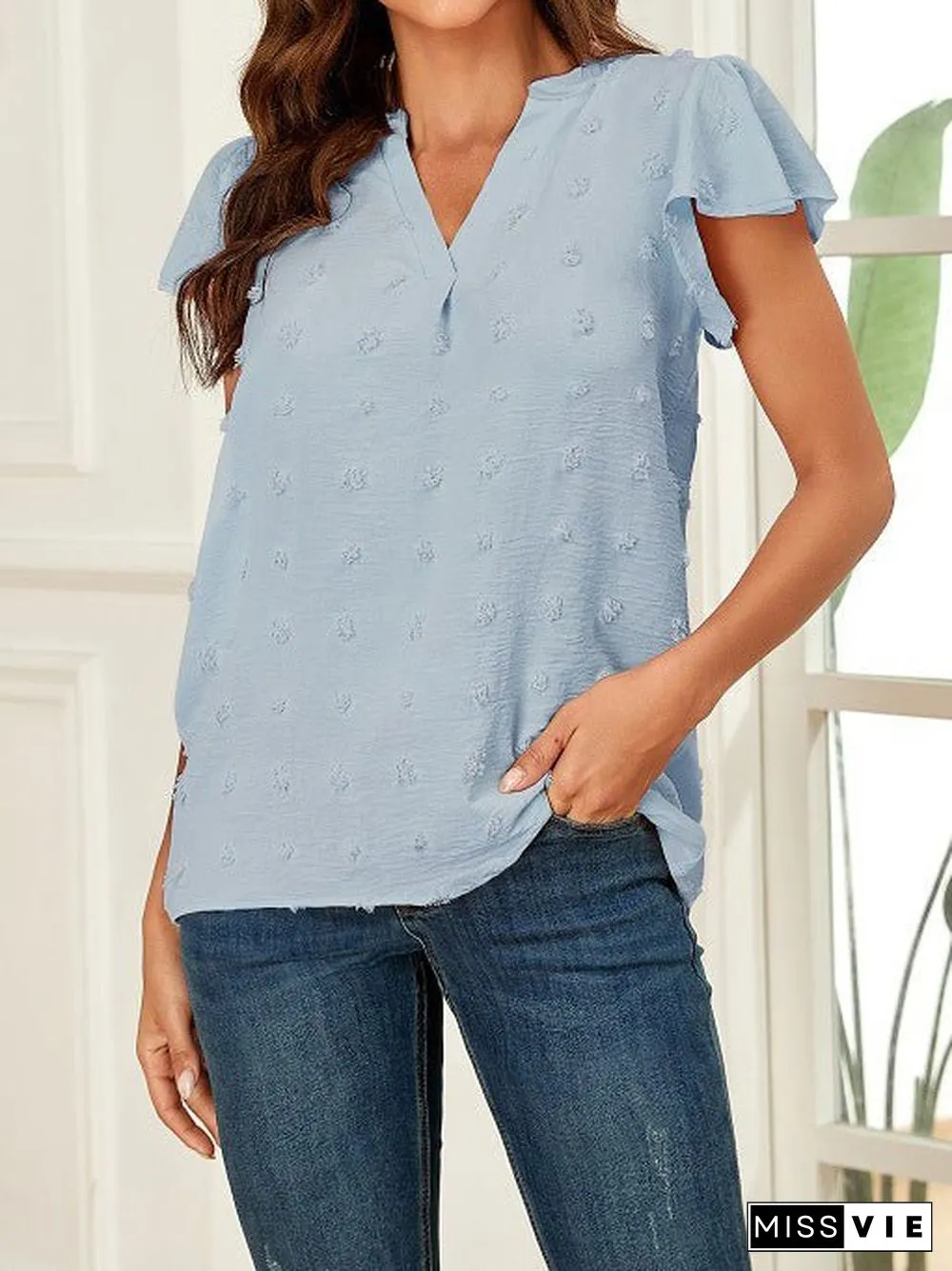 Women'S T-Shirts Dot Ruffle Sleeve V-Neck Chiffon T-Shirt