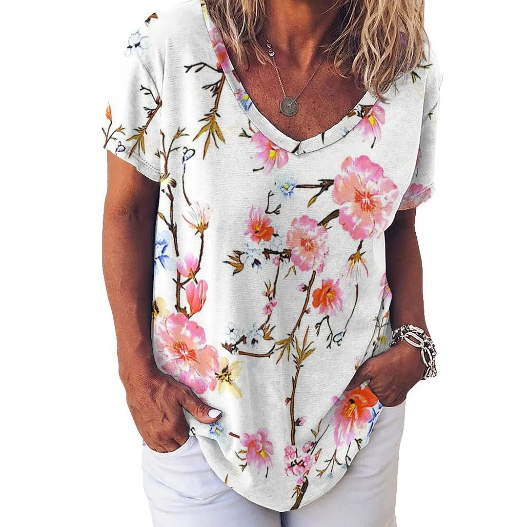 V-neck Short Sleeve Casual T-shirt for  Women Printed with Pattern Floral, Pink, Red