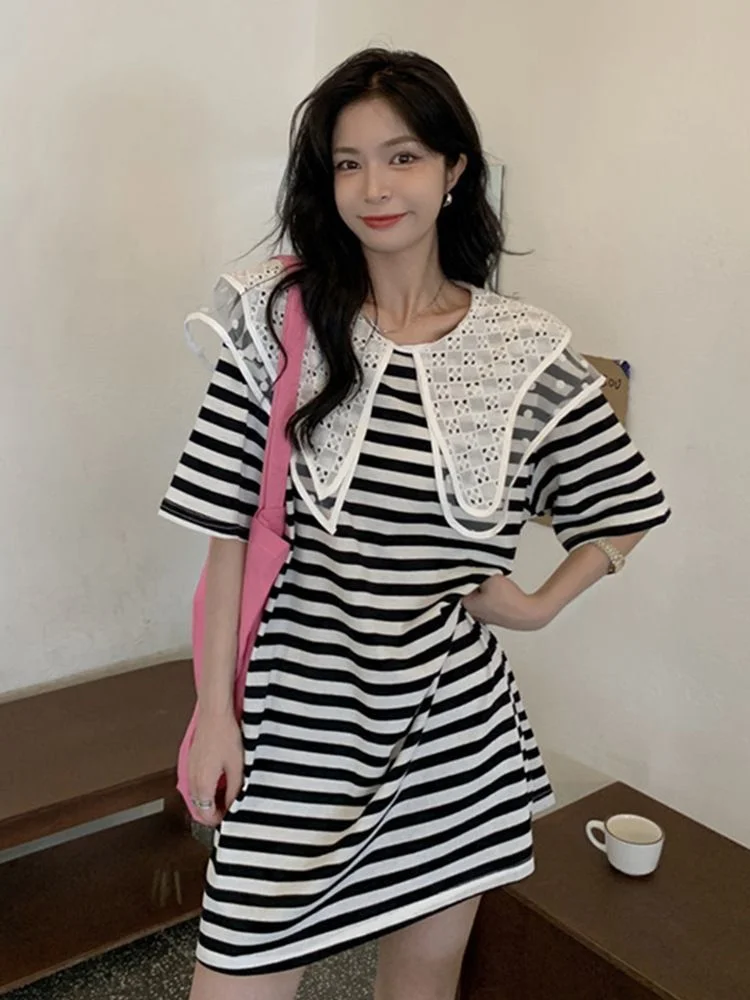 Short-Sleeve Lace Collar Striped T-Shirt Dress YP1680