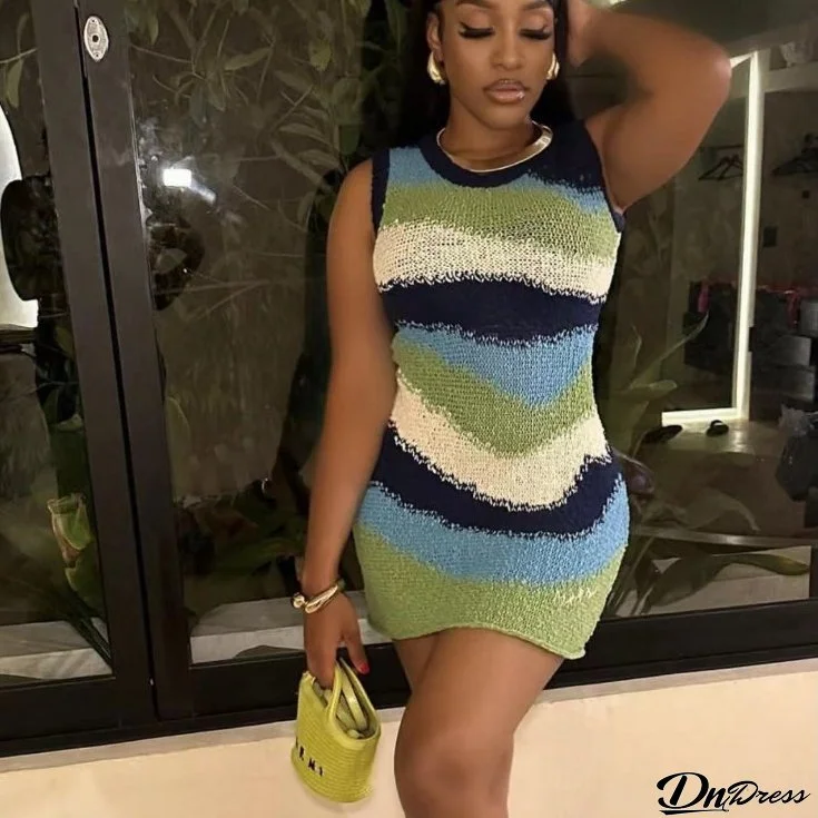 Women Sexy Sleeveless Contrast Color Dress
