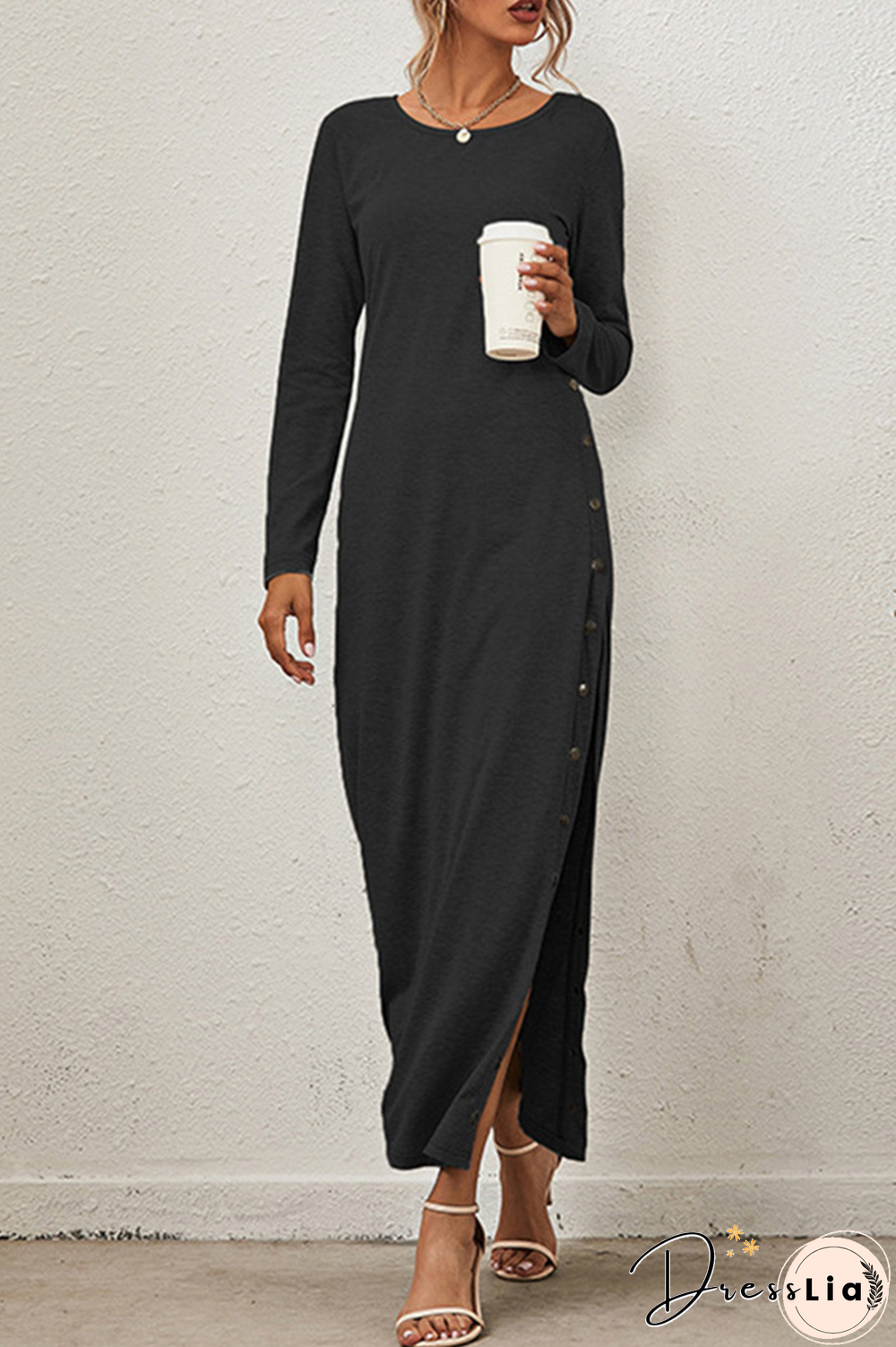 Solid Buckle Slit O Neck A Line Dresses(8 Colors)