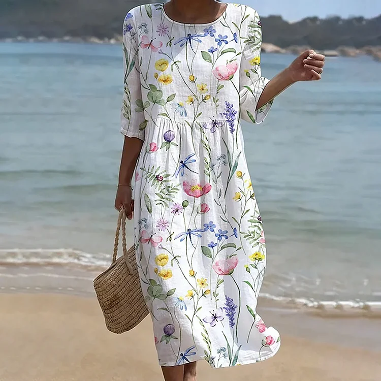 Women's Vintage Bohemian Floral Print Round-neck Mid-sleeve Dress