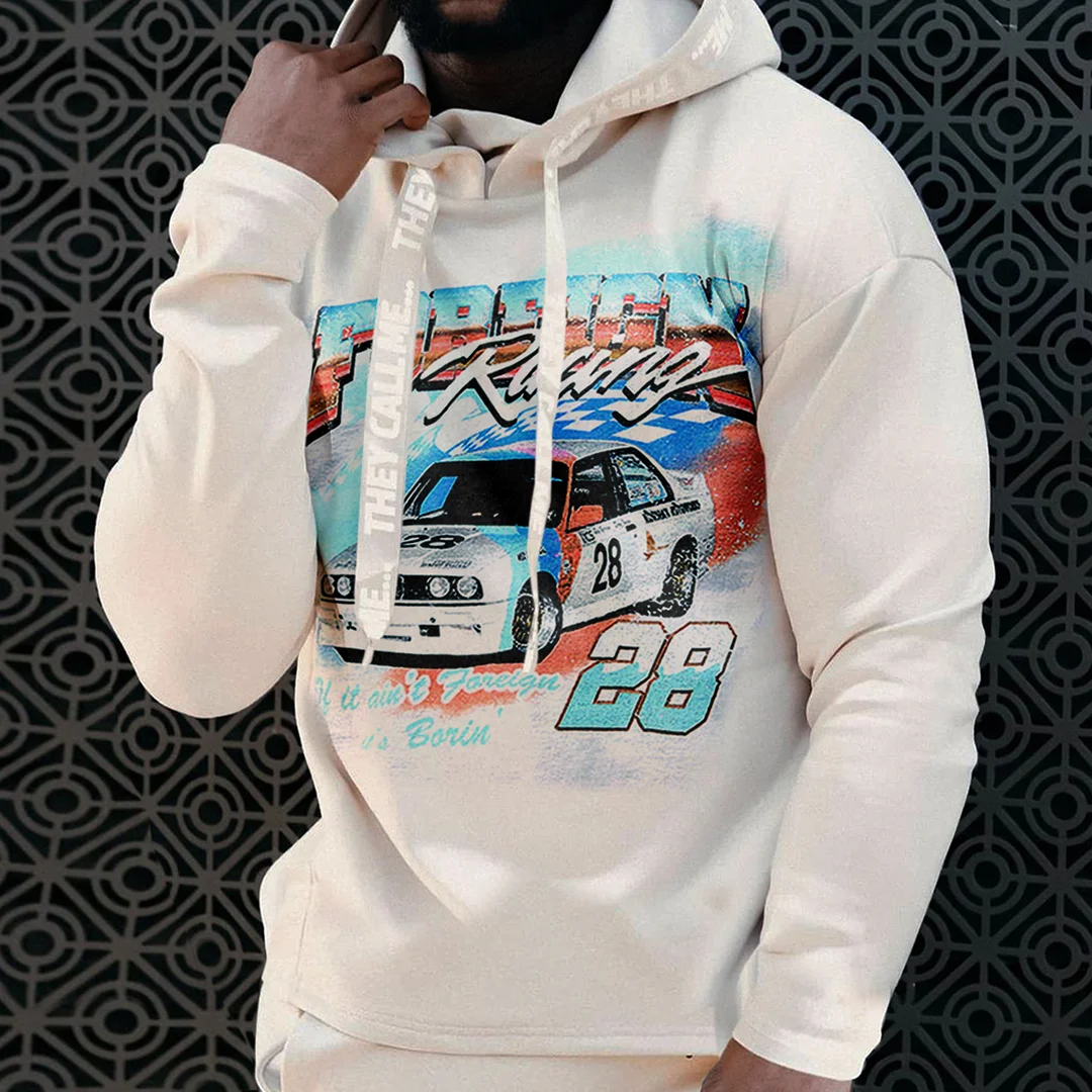 Men's Oversized Vintage Foreign Racing Print Casual Hooded Sweatshirt